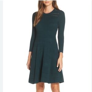 Eliza J Fit Flare Sweater Dress Eyelet Knit Green Feminine Sz S